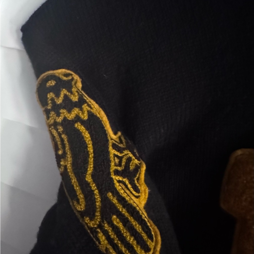 1966 Letterman Men's Black V-Neck Sweater with Gold Embroidered Detail